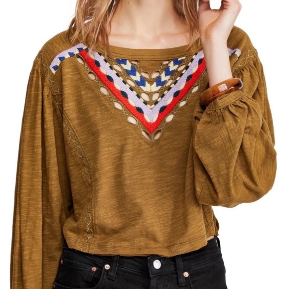 Free People Tops - Free People embroidery olive top size M